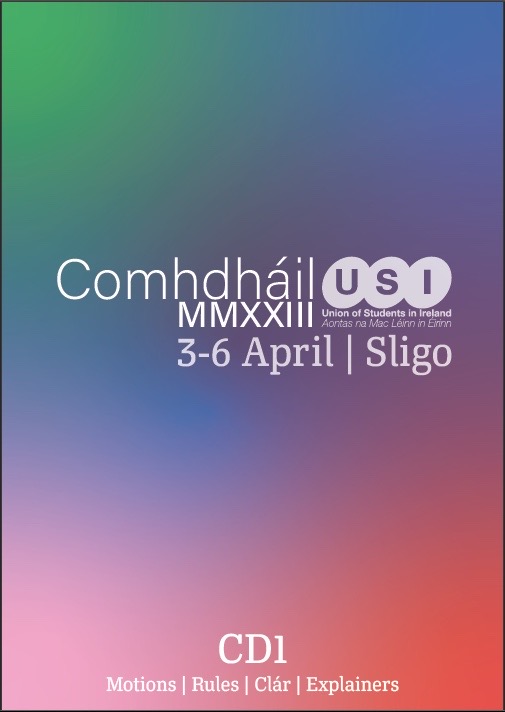 Colourful swirl o greens, red, blues and pinks around the words 'Comhdháil 2023 USI - 3 to 6 April 2023'